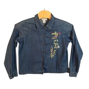 Time Out Denim Button Down Shirt XL Blue Cotton Embroidered Floral Top